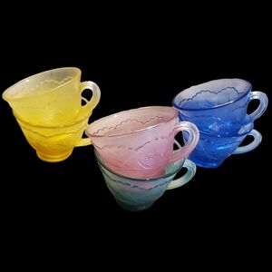Indiana Glass Pebble Leaf Cups Set 6 Blue Yellow Green Pink SPRING